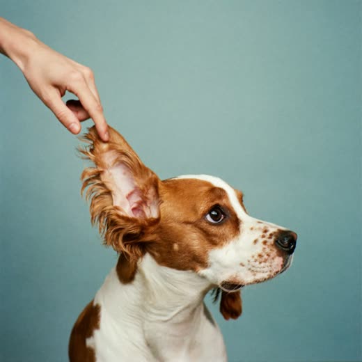 A spaniel having its ear checked and cleaned